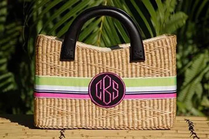 Monogrammed Large Beverly Straw Basket Bag