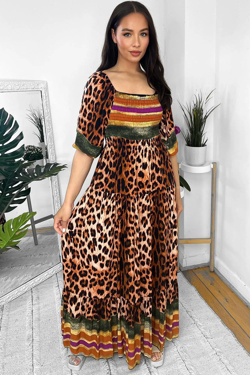 Multicolour Leopard Print Milkmaid Maxi Dress