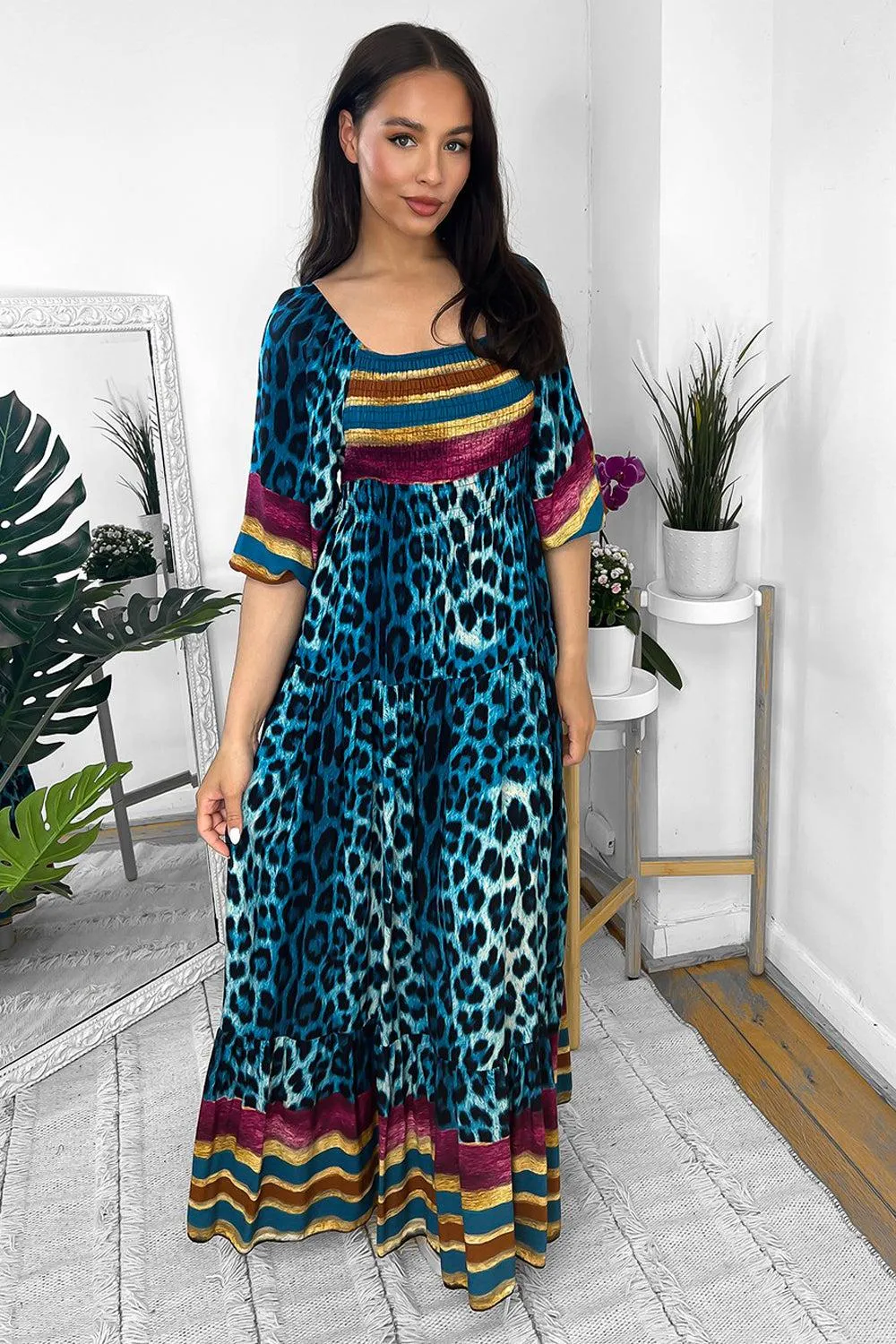 Multicolour Leopard Print Milkmaid Maxi Dress