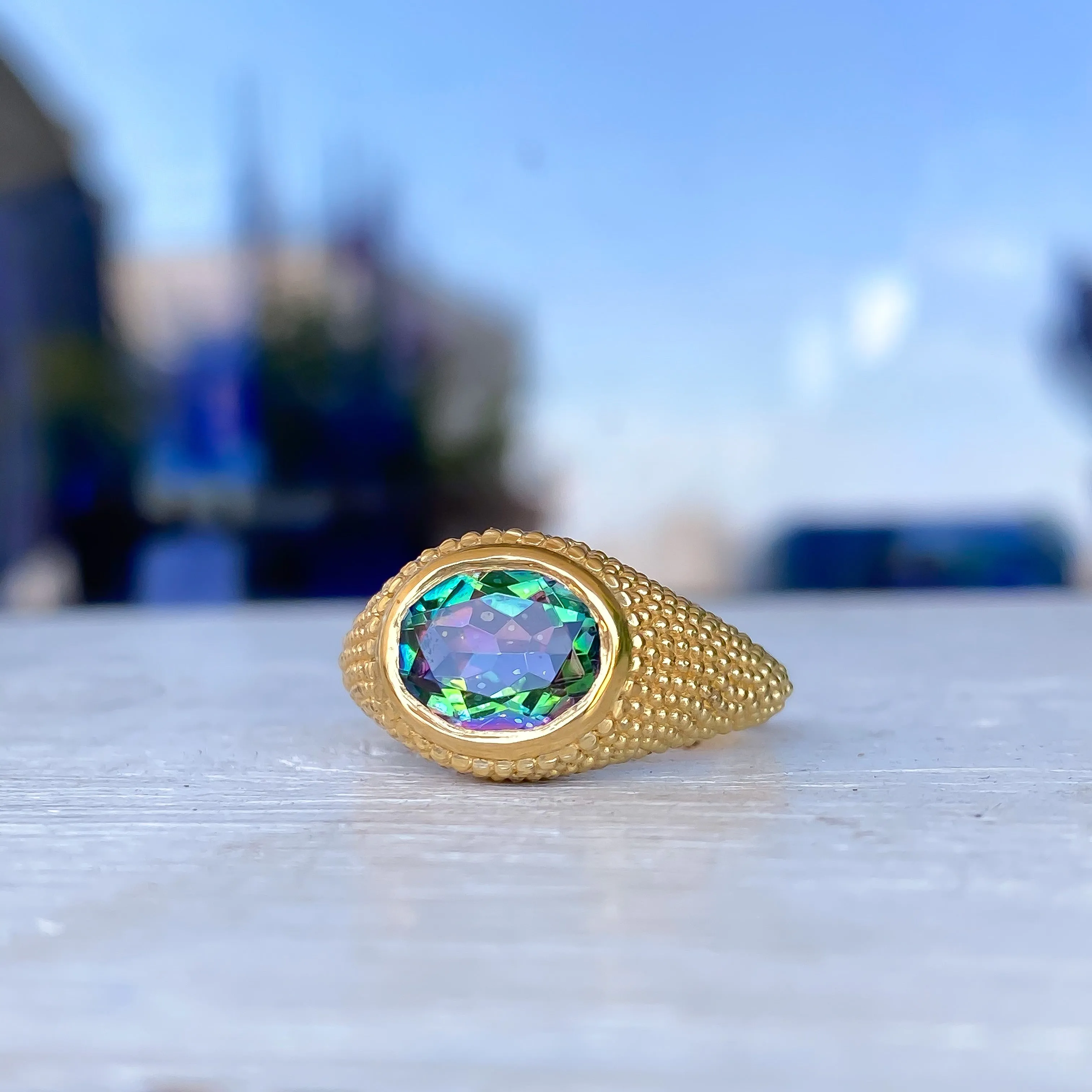 Nubia Oval Green Mystic Topaz Yellow Gold Ring Size 7US