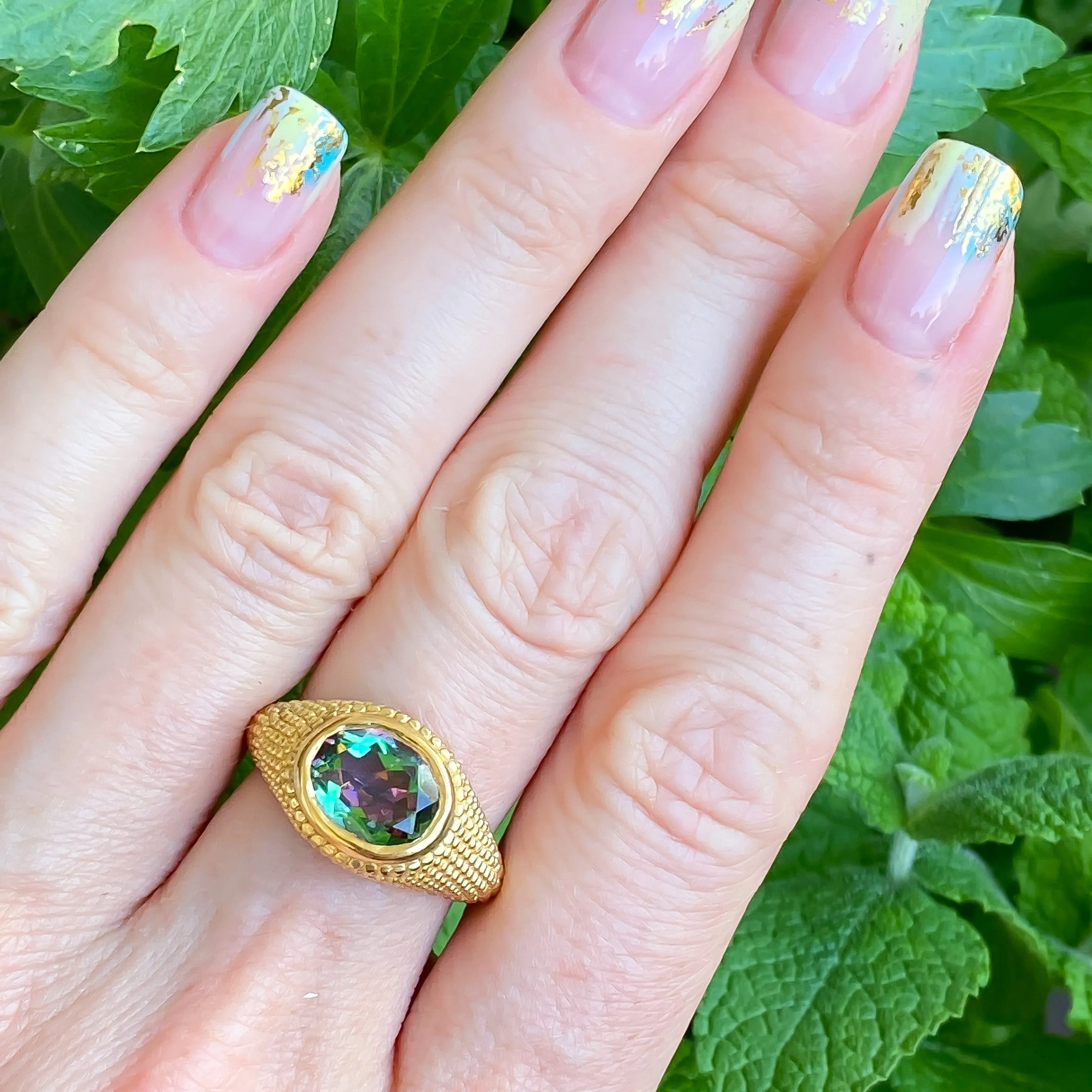 Nubia Oval Green Mystic Topaz Yellow Gold Ring Size 7US