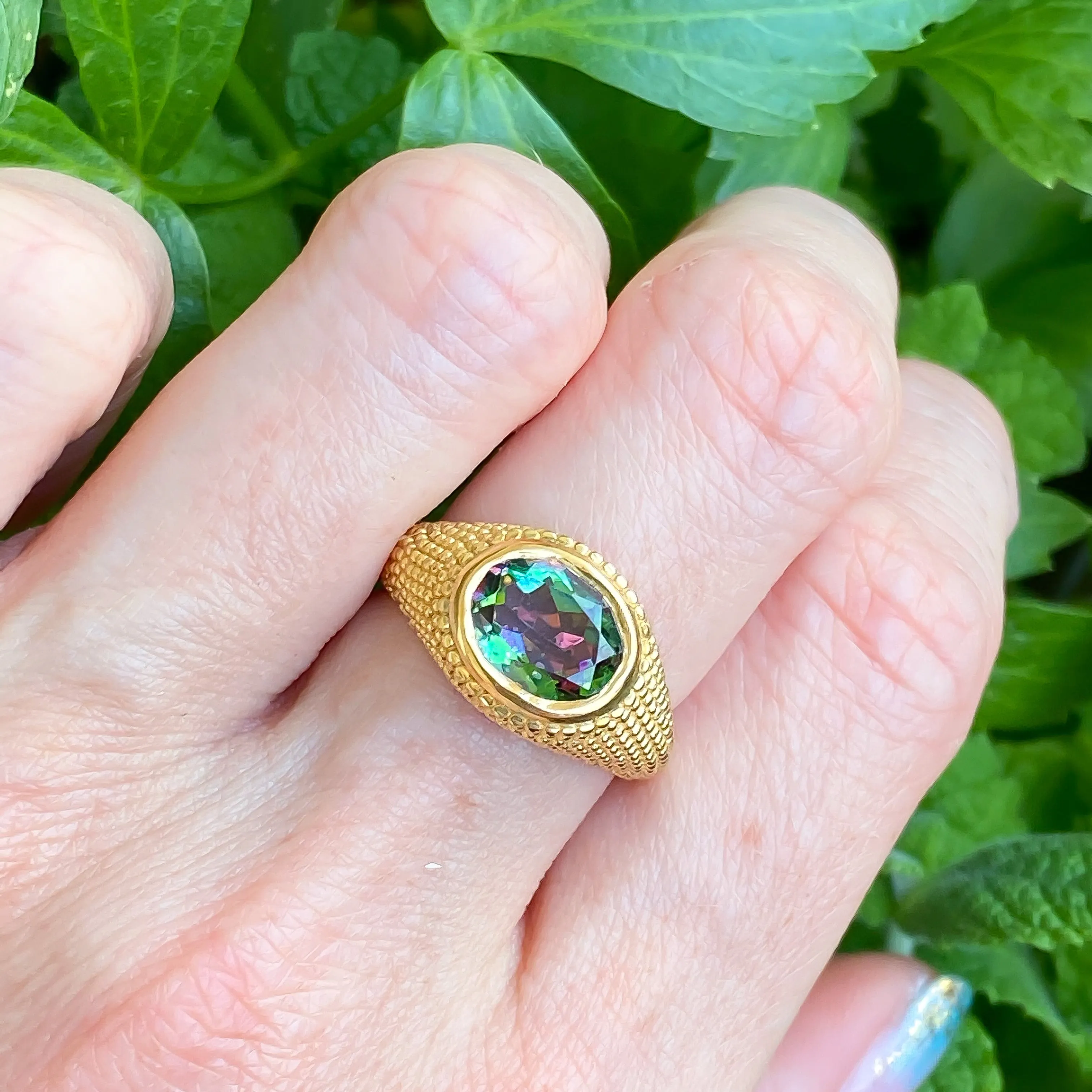 Nubia Oval Green Mystic Topaz Yellow Gold Ring Size 7US