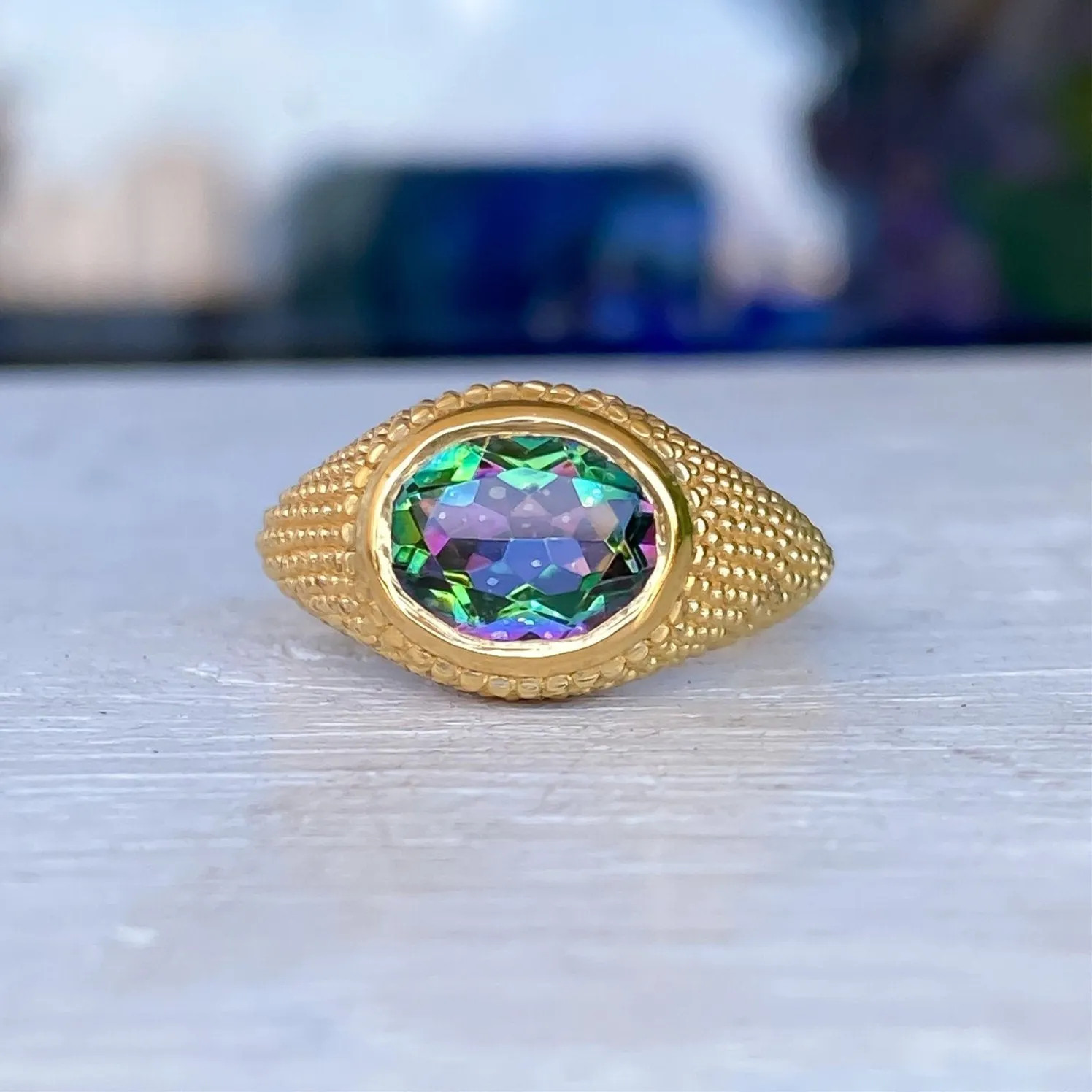 Nubia Oval Green Mystic Topaz Yellow Gold Ring Size 7US