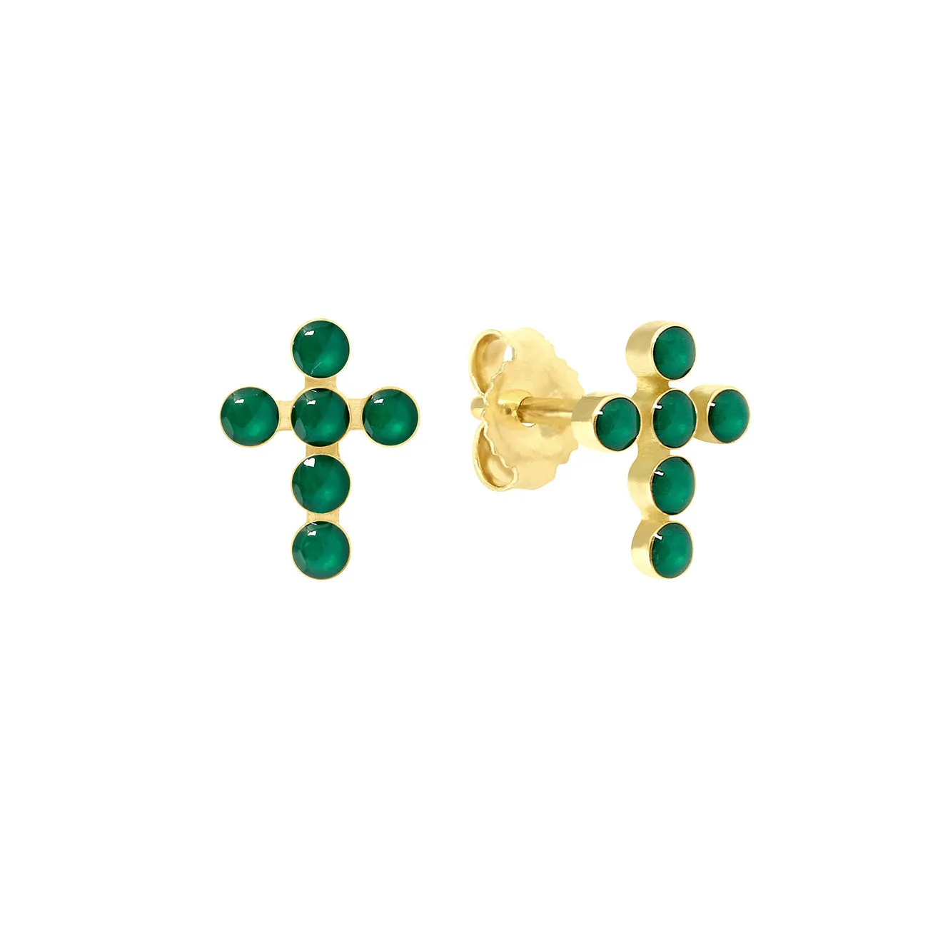 Pearled Cross Earrings, Emerald, Yellow Gold