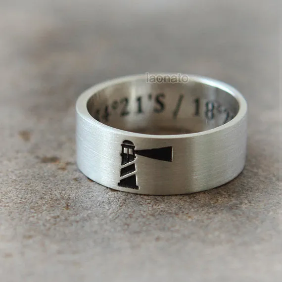 Personalized Horizontal Lighthouse Ring in 925 sterling silver/7 mm band ring, initials, date, words