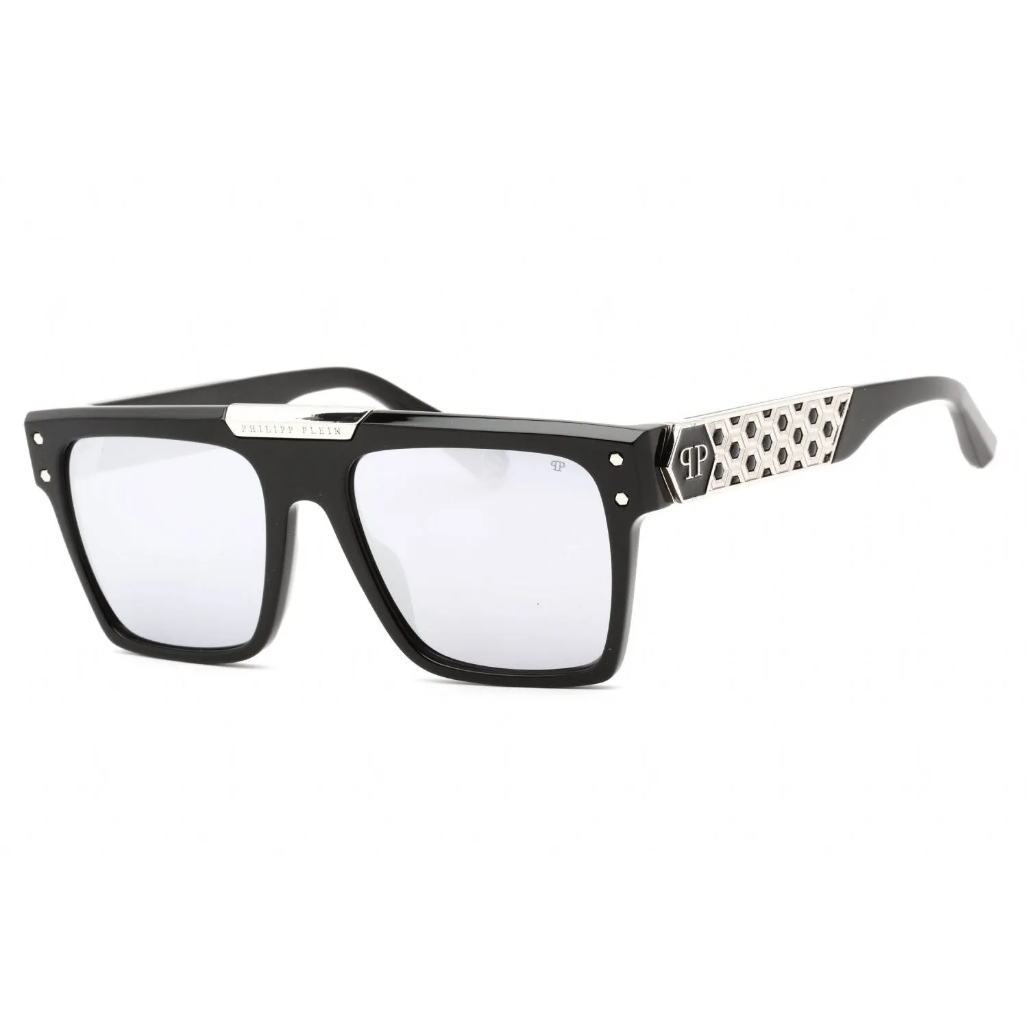 Philipp Plein SPP080 Sunglasses Shiny Black Silver / Smoke Mirror Silver Women's