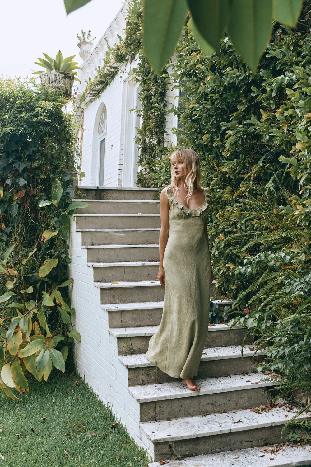 Rosalia Linen Bias Cut Maxi Dress Olive