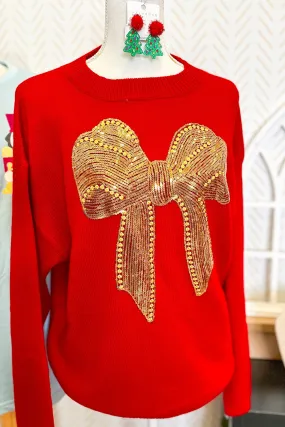 Sequin Bow Sweater, Red