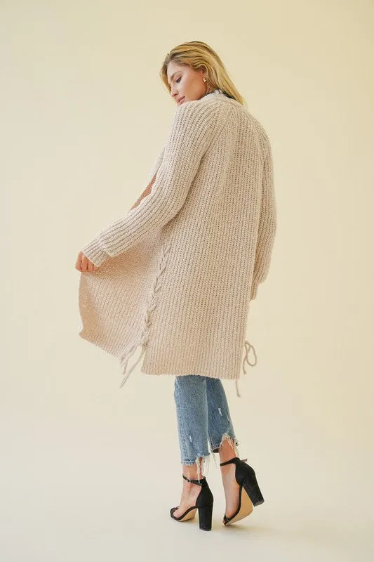 Side Slit Eyelet Twisted Open Sweater Cardigan