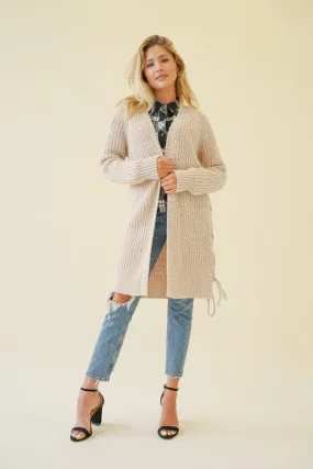 Side Slit Eyelet Twisted Open Sweater Cardigan