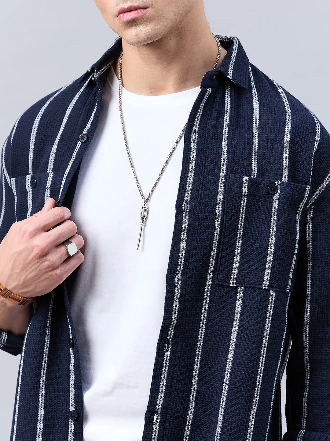 Style Quotient Men Navy Stripe Textured solid Shirt