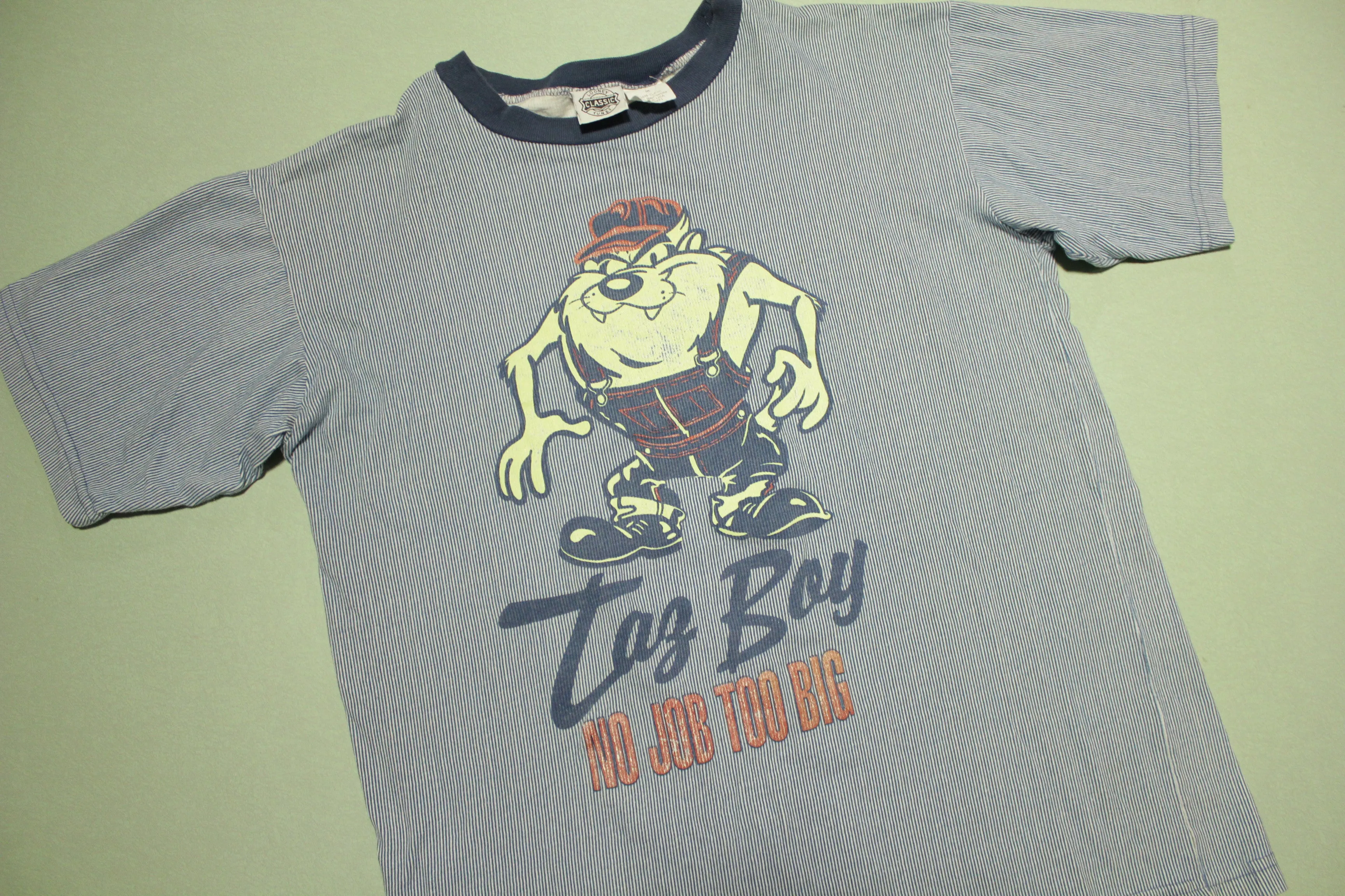 TAZ Boy No Job Too Big 1994 Pinstriped Vintage 90's Looney Tunes WB Cartoon T-Shirt