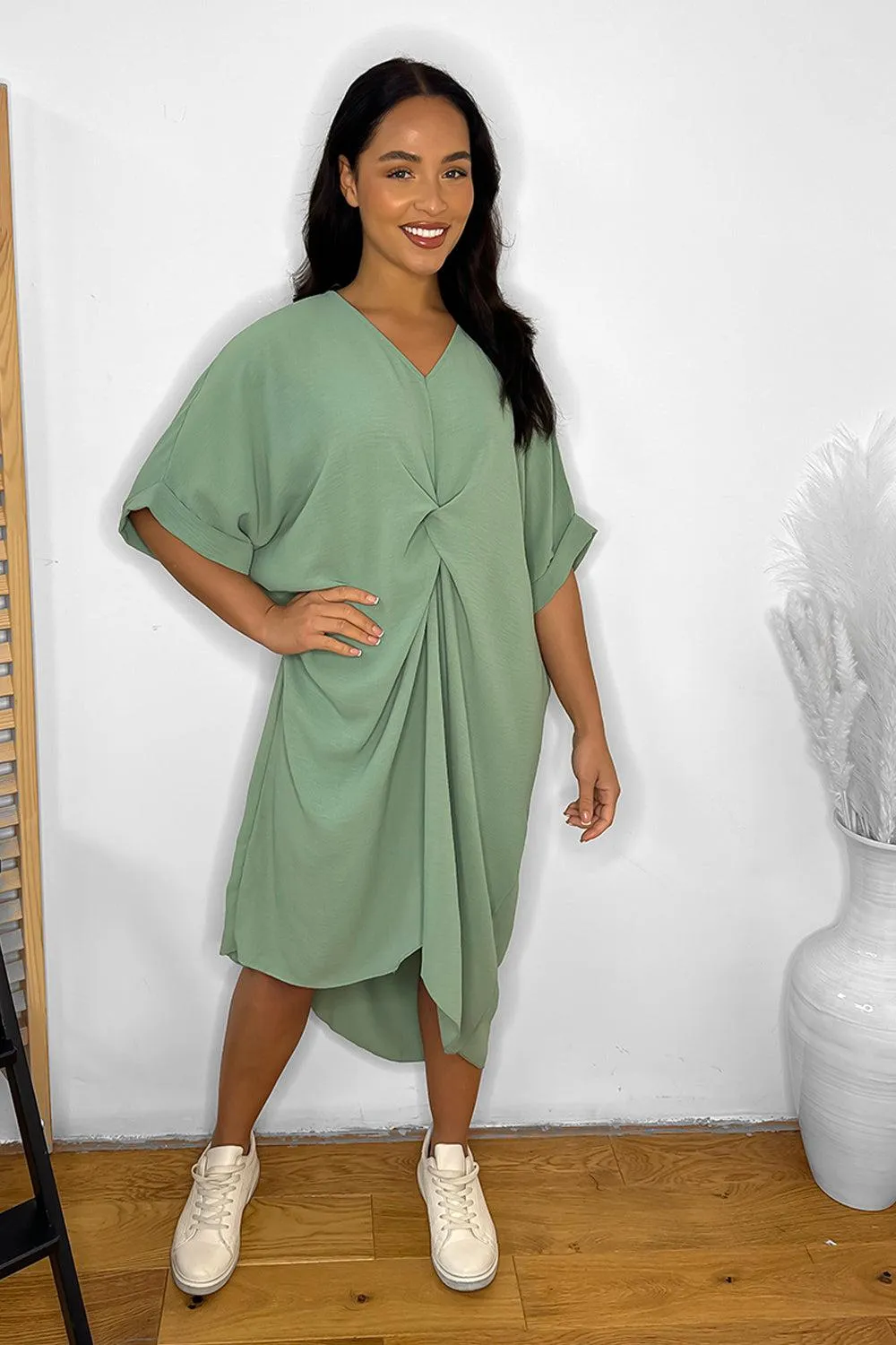 Twist Front Plunge Neckline Relaxed Fit Dress