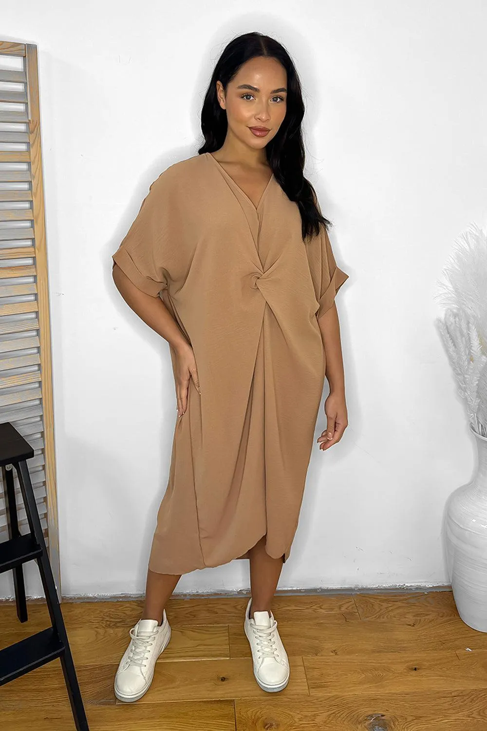 Twist Front Plunge Neckline Relaxed Fit Dress