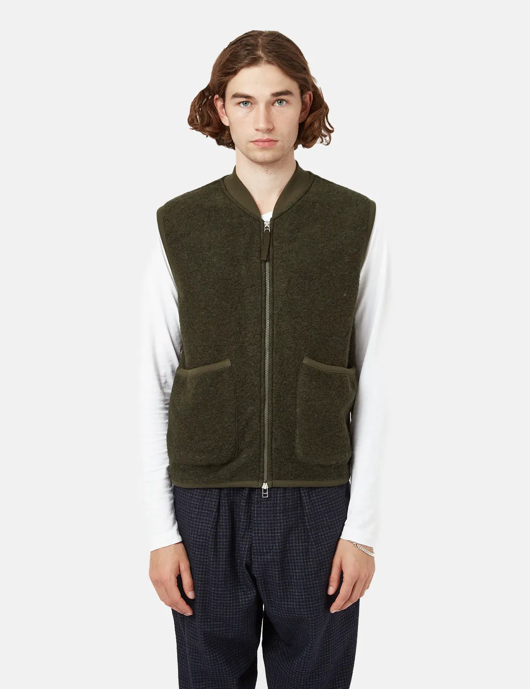 Universal Works Zip Waistcoat (Wool Fleece) - Olive Green