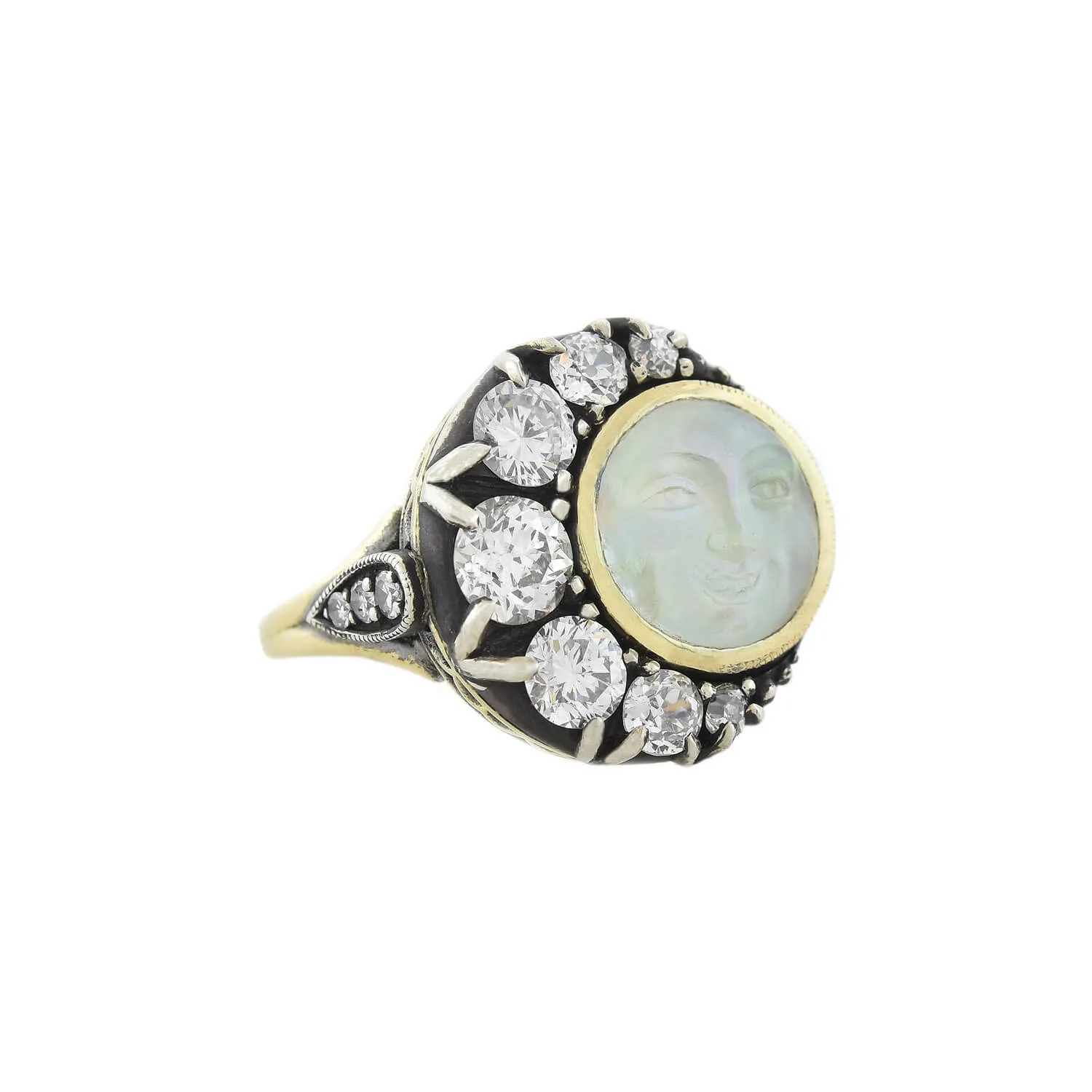 Victorian Custom 18kt/Sterling Diamond   Saphiret Glass Man in the Moon Ring