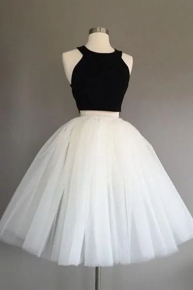 White and Black Two Pieces Tulle Cute Tutu Party Dresses Homecoming Dress