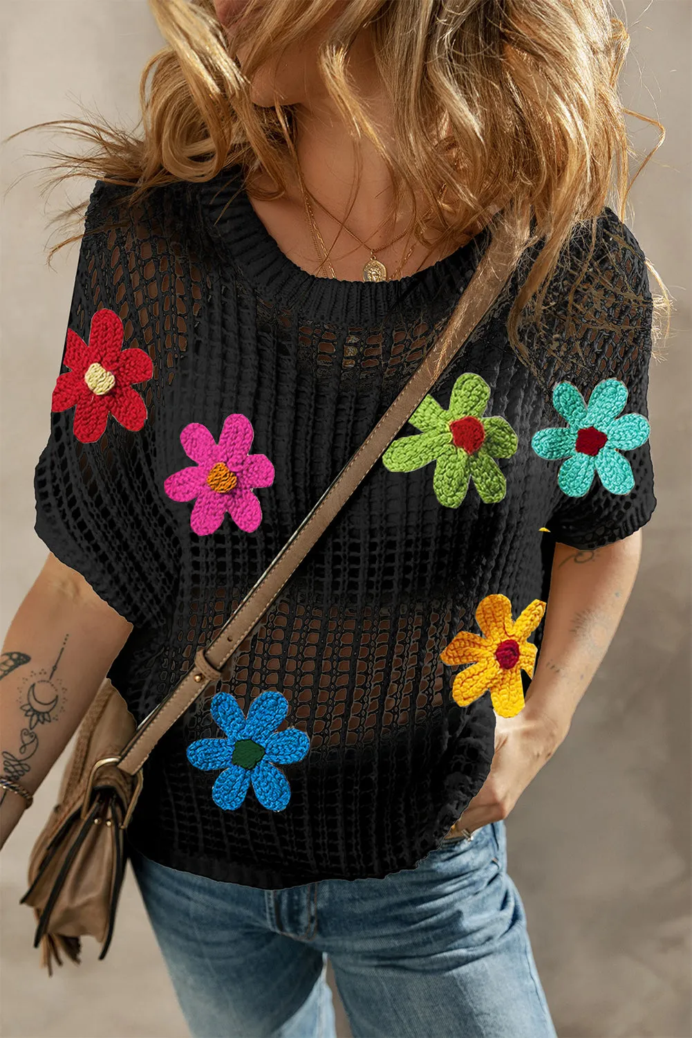 White Hollowed Crochet Colorful Flower Loose Knit T Shirt