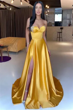 Yellow Sweetheart Mermaid Beading Prom Dress with Split